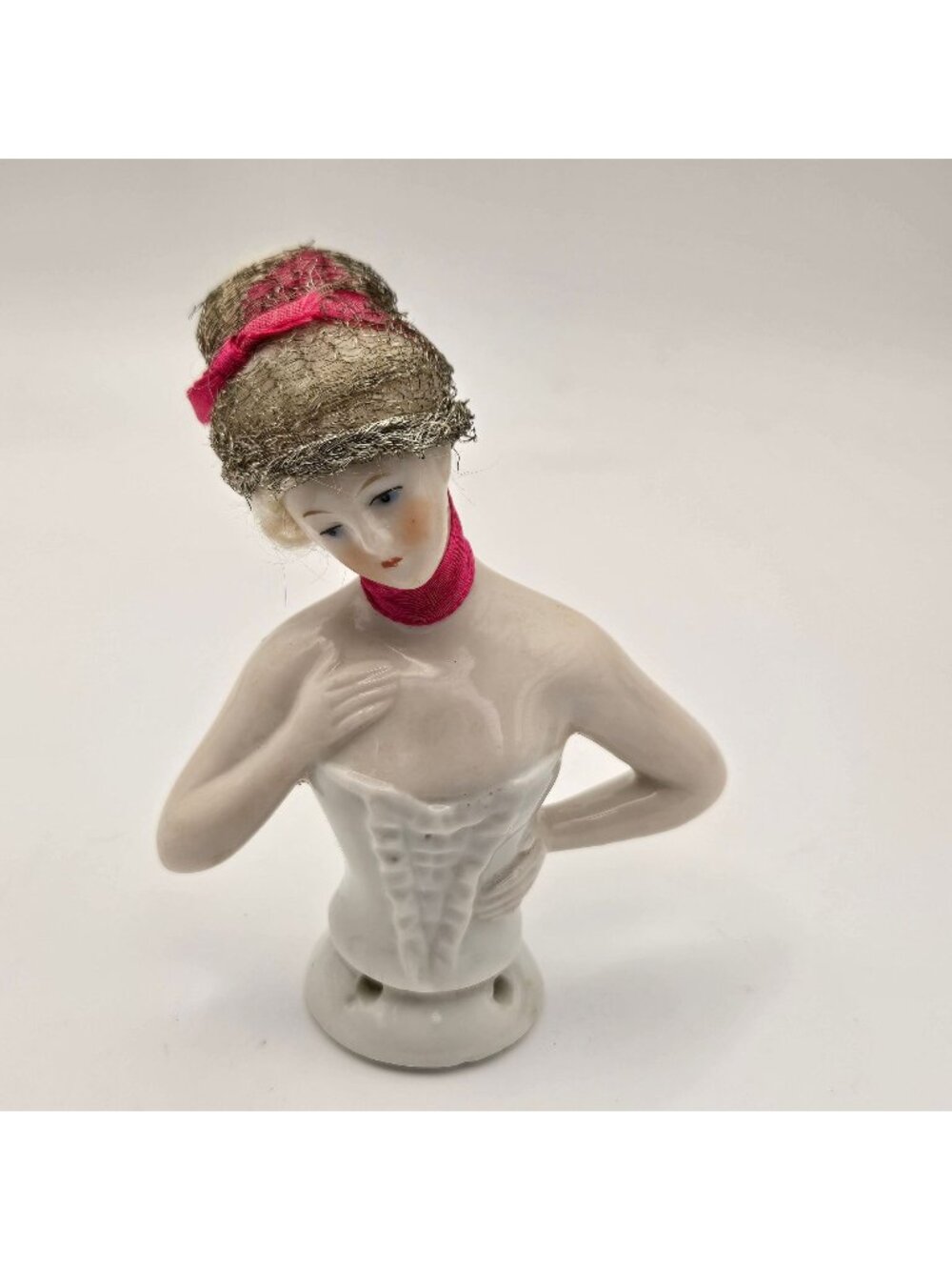 Antique German Porcelain Half Doll With Hand-Painted Face Red Ribbon Head Scarf